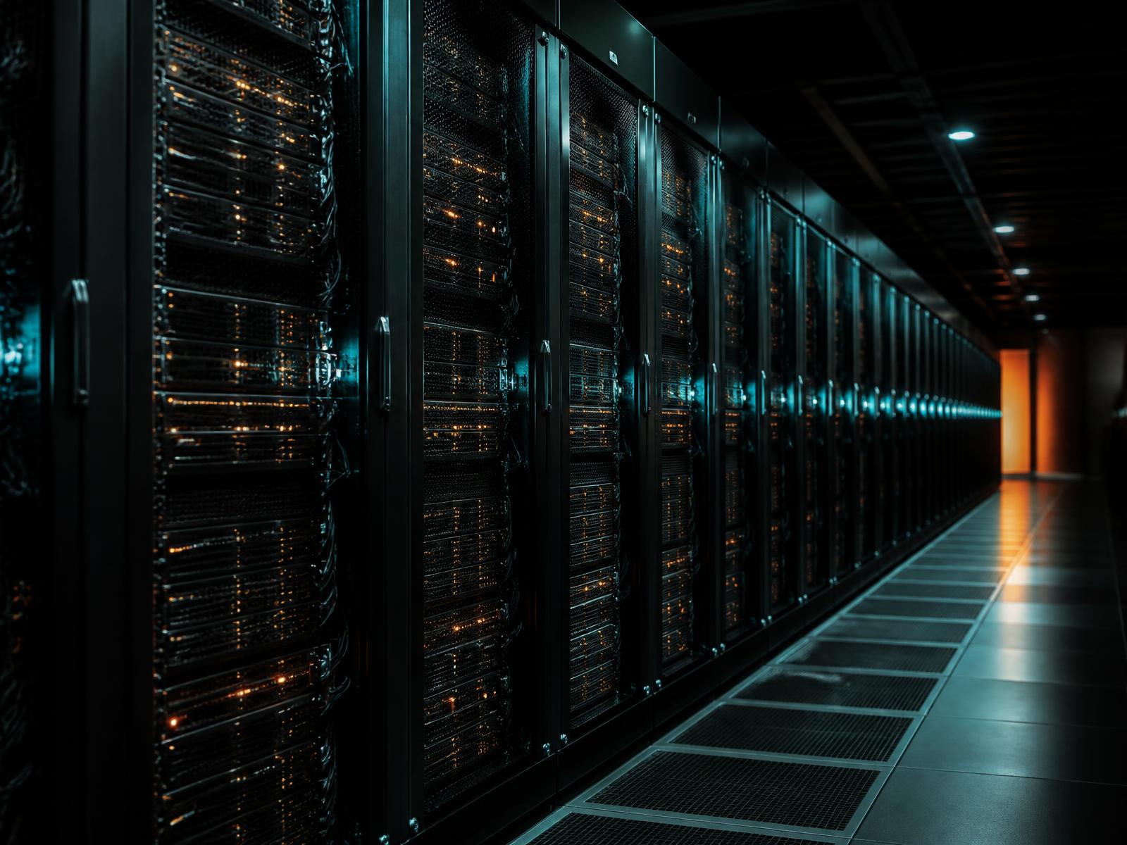 Data center aisle with ASIC mining and GPU server racks